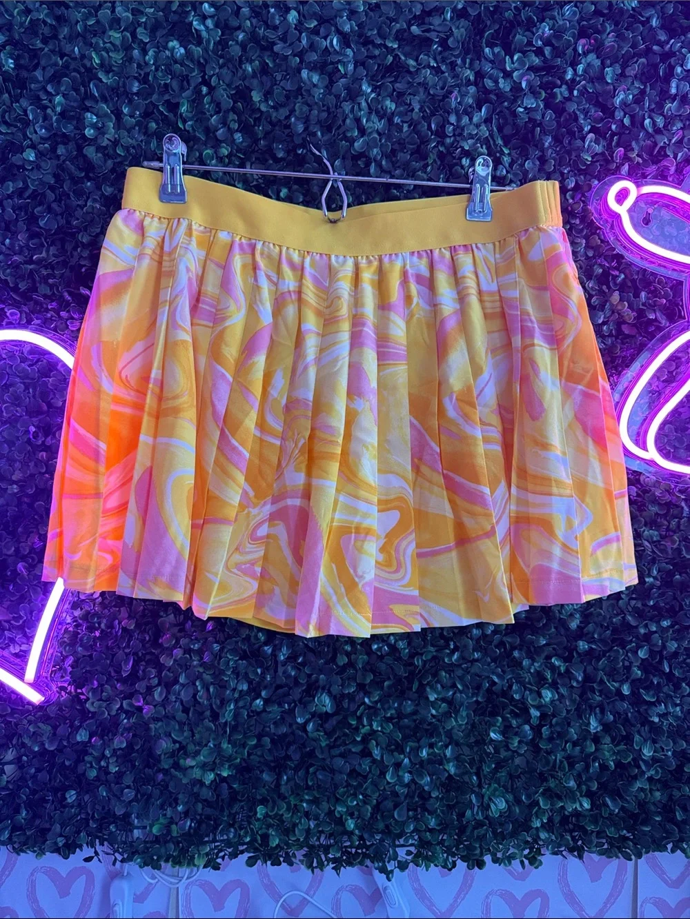 Tennis Set: (L)White Tank w/ Pink & Yellow Accent + (M)Yellow Tennis Swirl Skort